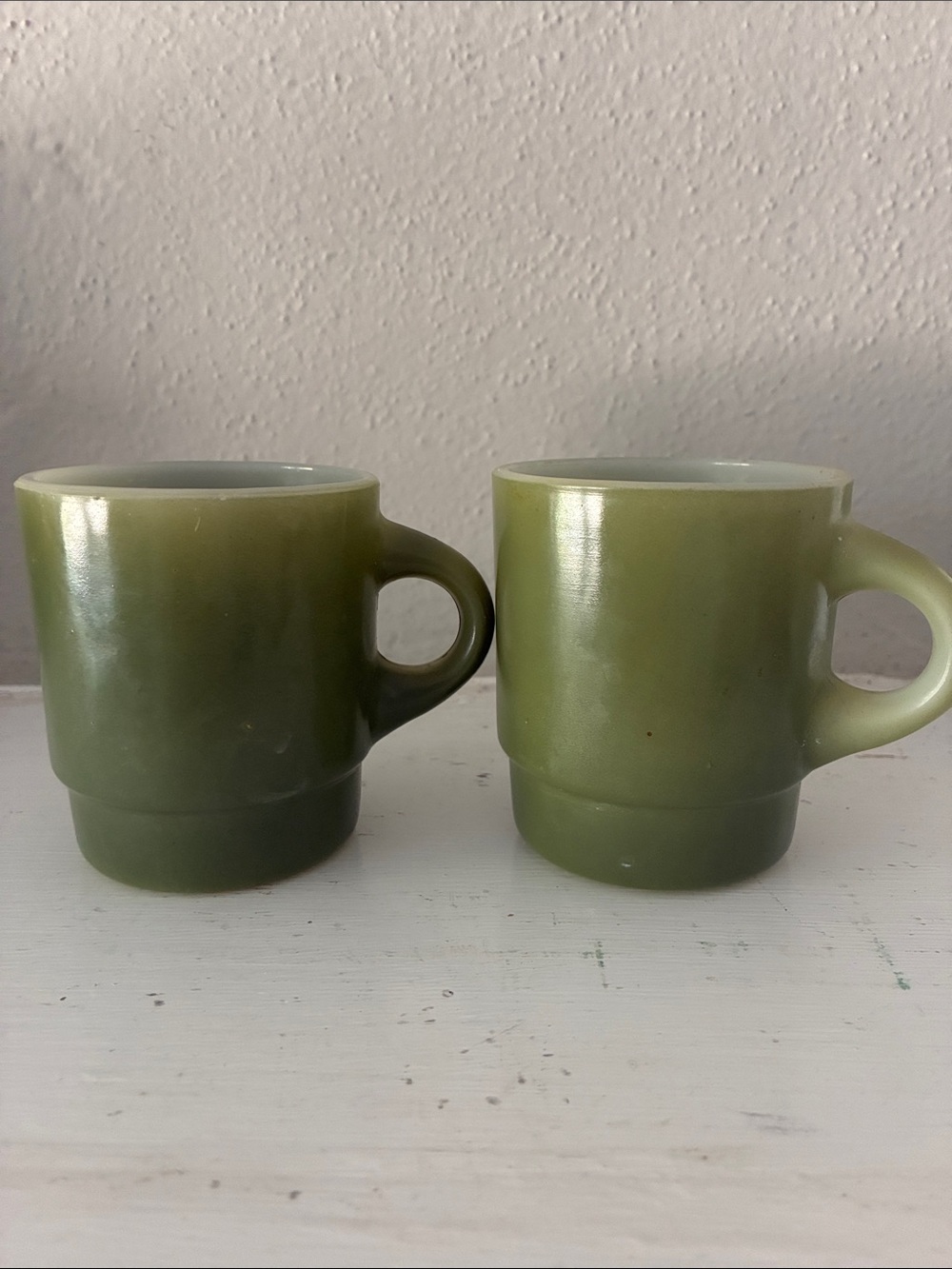 Fire King Classic Avocado Green Ceramic Coffee Mugs. Stackable. Set of 2